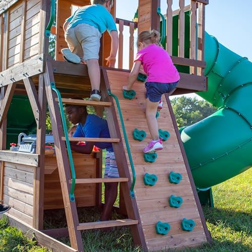 Backyard Discovery Cedar Cove Cedar Wood Swing Set with Spiral Tube Slide, Wave Slide, Clubhouse, Toy Grill, Snack Bar, Rock Wall, Belt Swings