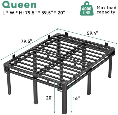 Superay 24 inch HIgh Queen Bed Frame with Rounded Legs, Double Layer Design | Metal Bed Frame & Box Spring 2 in 1 High Platform with Matress Gasket & headboard Adapter, Heavy Duty Support 4000lbs, Black