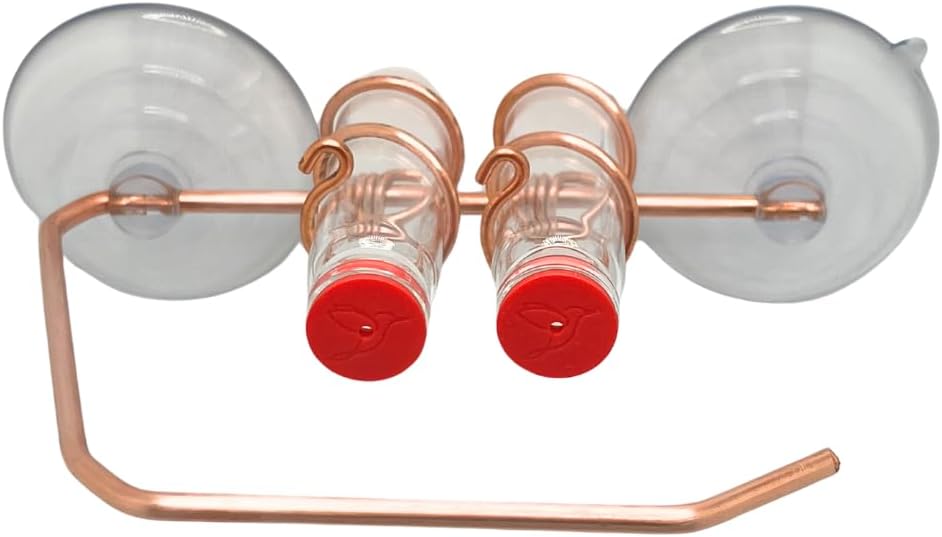 Window Hummingbird Feeder | Handcrafted Copper and Aluminum | Multiple Stations | Modern Hummingbird Feeder | Glass Bottles | Suction Cups (Copper, Four Station)