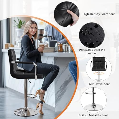 Yaheetech Bar Stools Set of 2, Swivel with Backs, Adjustable Height, White | 360° Swivel Barstools Feature Padded PU Leather Seats, Supportive Backs, 300 lb Capacity for Kitchen Islands