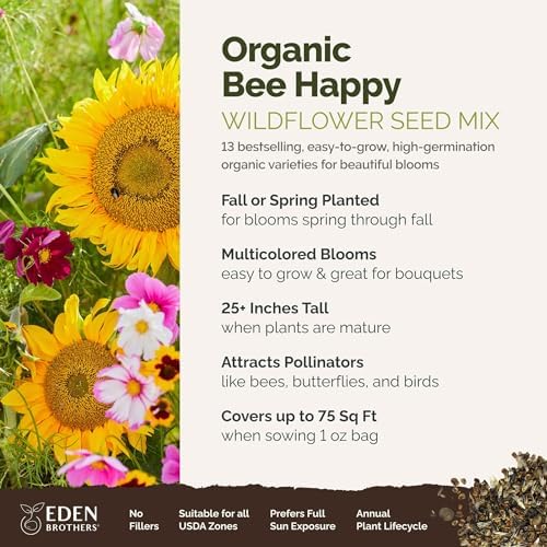 Eden Brothers The Bees Knees Pollinator Wildflower Seed Mix, 1/4 lb (135,000+ Seeds) Throw and Grow - 100% Pure, No Fillers - 18-Variety Non-GMO Annual + Perennial, Covers up to 1,100 SqFt, Zones 3-10