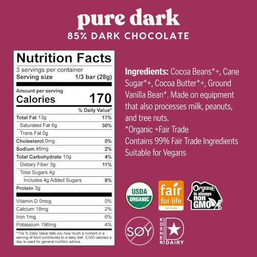 Theo Chocolate Pure Organic Dark Chocolate Bar 85% Cacao, 12 Pack | Vegan, Fair Trade