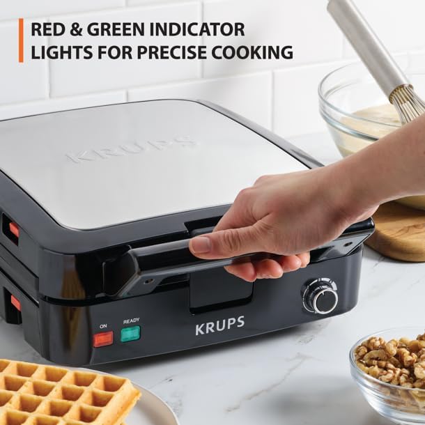 KRUPS 4-Slice Belgian Waffle Maker: Stainless Steel, 5 Browning Levels, Audible Ready Beep, Removable Plates, 1200W, Silver/Black, Large Waffle Maker Family Size, Great for Family Breakfasts