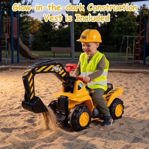 Costzon Ride on Excavator, Ride on Construction Vehicles w/Helmet, 3 Toy Stones, Realistic Sound, Adjustable Bucket & Under Seat Storage, Bulldozer Ride on Toy Gift for Kids Boys & Girls