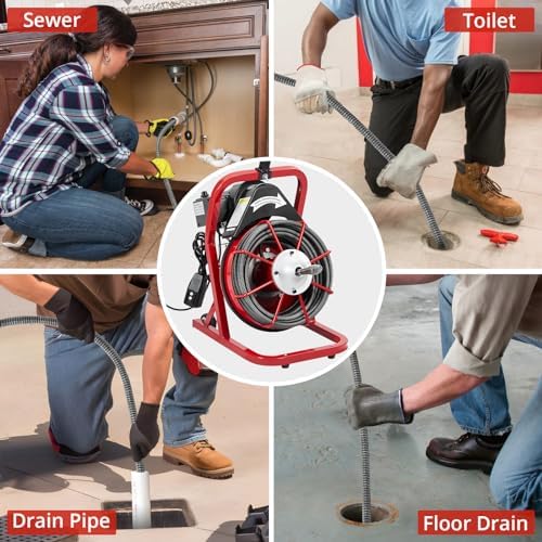 GarveeLife 75 ft 3/8 in Electric Drain Cleaner Machine Auto Feed Drain Auger for 1 to 4 in Pipes Professional Sewer Snake with 4 Cutters Gloves
