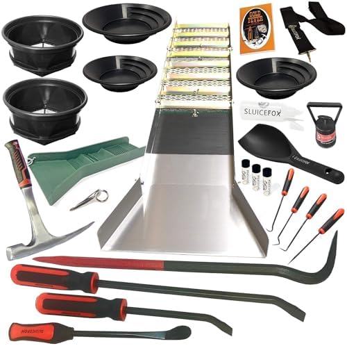 Complete Gold Mining Kit, Folding 50 inch River Sluice Box, Prospecting Equipment, Rock Pick Hammer, Gold Classifiers, Pay Dirt Scoop