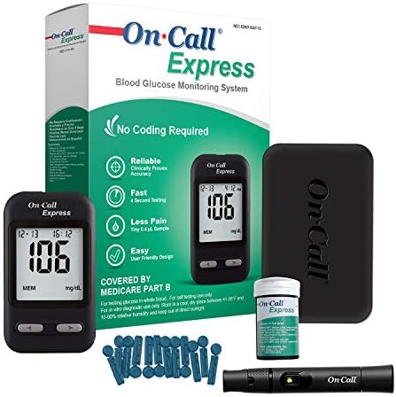 On Call Express Diabetes Testing Kit- Blood Glucose Meter, 10 Blood Test Strips, 1 Lancing Device, 30g Lancets, Control Solution, Carrying Case