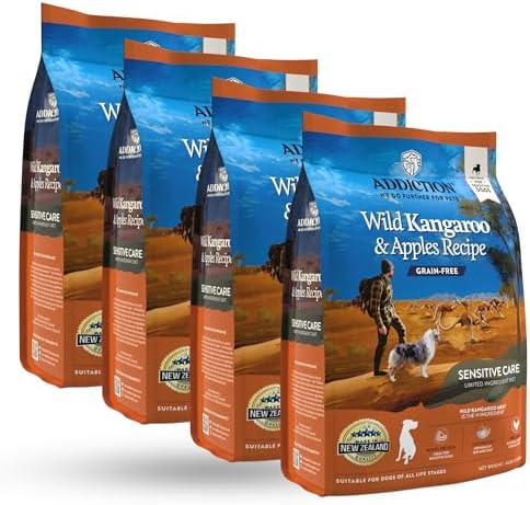 Addiction Wild Kangaroo & Apples Dry Dog Food - Limited Ingredient Diet for Dogs with Allergies & Sensitive Skin - 100% Kangaroo Meat, No Meal - Grain-Free - Made in New Zealand 4lb