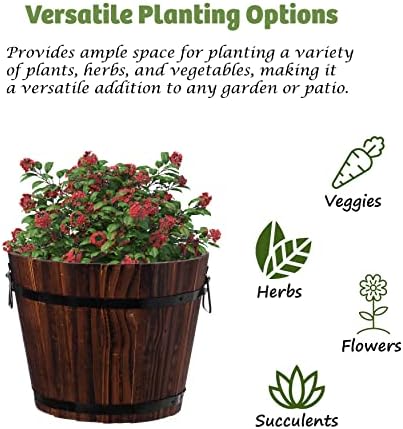 Rustic Wooden Whiskey Barrel Planter with Durable Medal Handles and Drainage Hole - Perfect for Indoor and Outdoor Plants, Herbs, and Vegetables - Medium