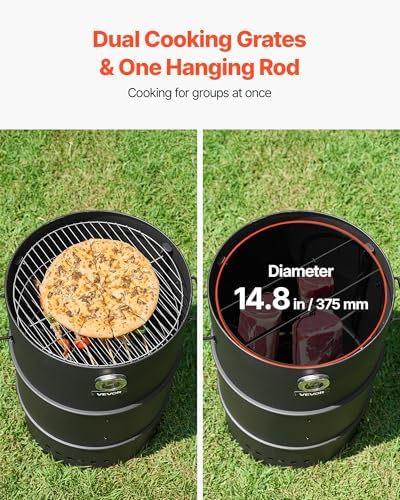 VEVOR Charcoal Smoker Grill, 18.5" Barrel Charcoal BBQ Smoker, Coated Steel Outdoor Barbecue Grill with 2 Grilling Grates, 1 Hanging Rod