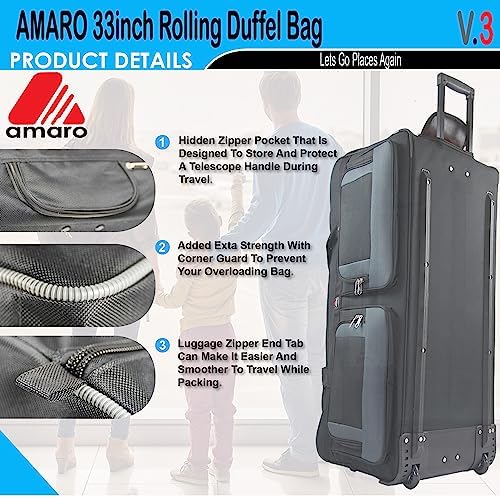 AMARO 36 Inch Rolling Duffle Bag with Wheels, Extra Large Heavy Duty Travel Duffel Luggage with Telescopic Handle, Multiple Pockets, Collapsible Storage, Black/Grey