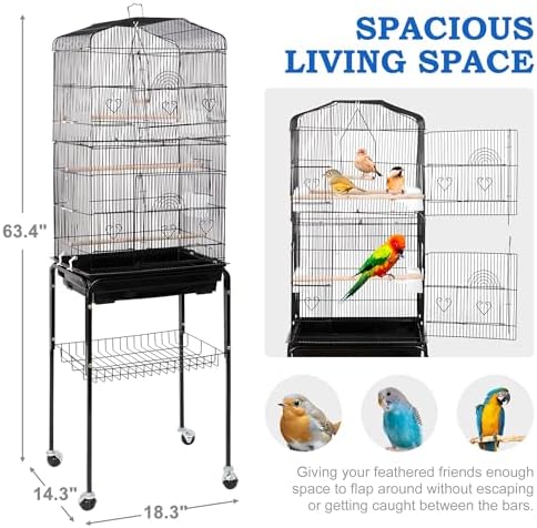 SUPER DEAL 59.3 Rolling Bird Cage Large Wrought Iron Cage for Cockatiel Sun Conure Parakeet Finch Budgie Lovebird Canary Medium Pet House with