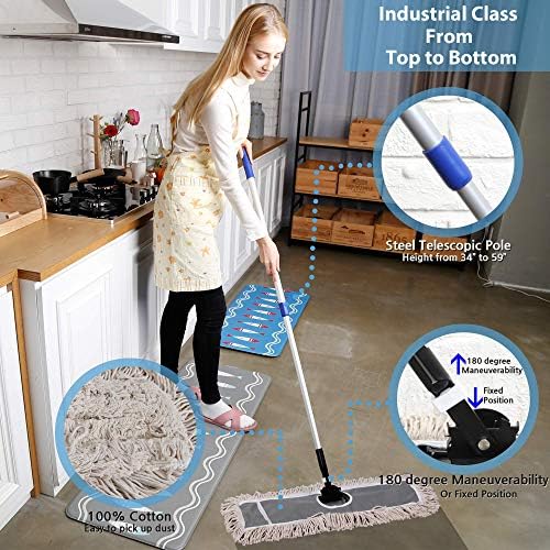 24" Industrial Cotton Floor Dust Mop with adjustable Steel Handle - Commercial Mops for Hardwood, Tiles, Laminate, Vinyl, Garage epoxy, Bamboo surface cleaning and Flooring Push Dust Broom