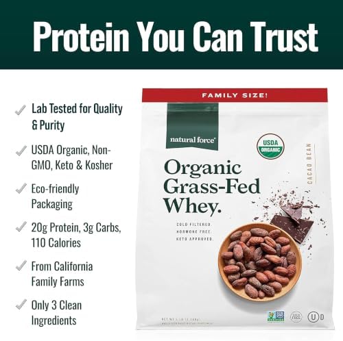 Natural Force Grass Fed Organic Whey Protein Powder – Non GMO Verified, Humane Certified & Lab Tested for Toxins – Real Vanilla Flavor – Keto Friendly, Low Carb, and Kosher - 16 Ounce A2 Protein