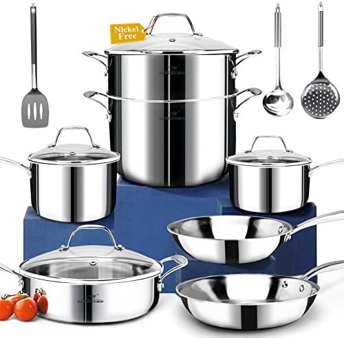 HOMICHEF 14-Piece Nickel Free Stainless Steel Cookware Set Whole-Clad 3-Ply - Mirror Polished Pots And Pans Set - Healthy Cookware Set With Steamer