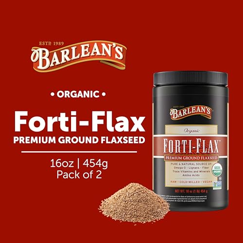 Barlean's Forti-Flax Organic Ground Flaxseed, Omega-3 Fiber, 16oz, 2-Pack | Ground whole raw flax seeds, Lignans, ALA omega-3, Fiber, Non-GMO, Vegan, For smoothies, baking, oatmeal & yogurt