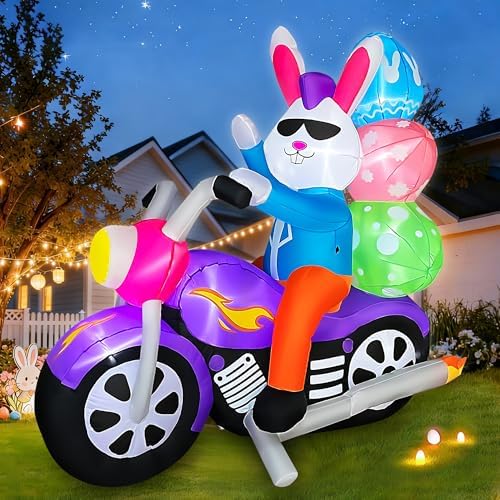 SEASONBLOW 6 FT Easter Inflatable Bunny on Motorcycle with Eggs Decorations Light Blow Up Rabbit for Yard Lawn Garden Home Outdoor Indoor Holiday
