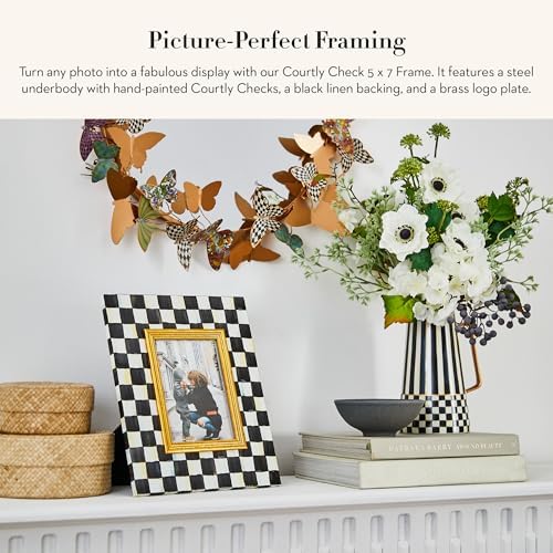 MACKENZIE-CHILDS 5x7 Picture Frame, Black-and-White Courtly Check | Fits 5x7 photos, made from enameled steel with glass pane, linen easel back