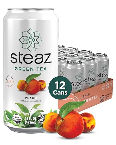 Steaz - Organic Green Tea - Peach (12 Pack) - 30mg Natural Caffeine, 70 Calories,Cane Sugar - Sweetened Iced Tea - Regenerative Organic Certified®️ - Vegan, Direct Trade - 12 Cans, 16 fl oz