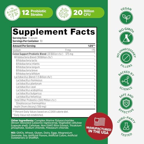 Probulin Colon Support Daily Probiotic + Prebiotic + Support Gut Health, Occasional Gas and Bloating - 20 Billion CFU - 12 Strains, 30 Vegan Capsules