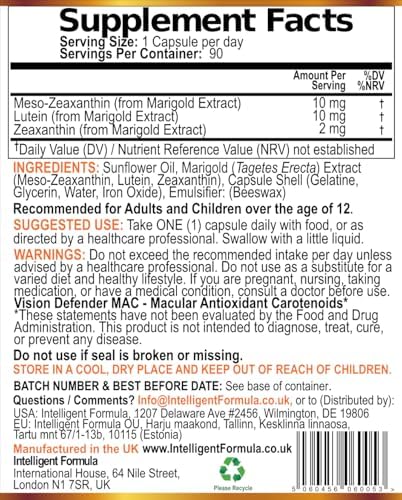 Vision Defender MAC Triple Carotenoid Eye Supplement, 3 Month 90 Capsules | Meso-Zeaxanthin, Triple Carotenoid Antioxidant, Marigold Extract
