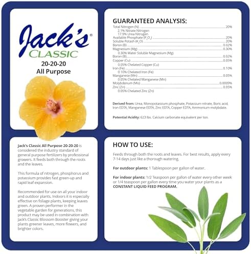 Jack's Classic 20-20-20 All Purpose Water-Soluble Fertilizer, 8oz | Powdered, Targeted Micronutrient Package, Promotes Growth, Green-Up, and Leaf Expansion on All Indoor and Outdoor Plants