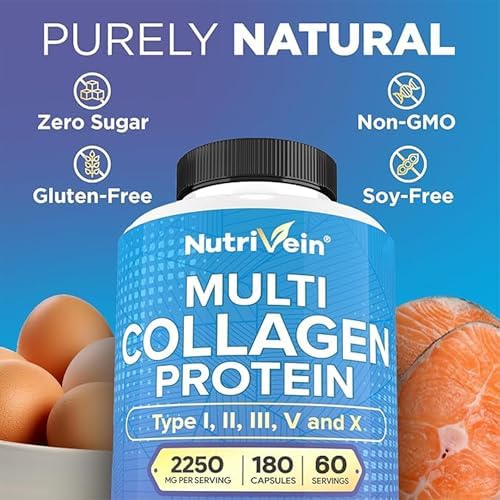 Nutrivein Multi Collagen Peptides Pills 2250 mg - 180 Capsules, 5 Types | Types I, II, III, V, X hydrolyzed peptides for women and men. Supports hair