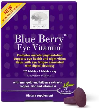 NEW NORDIC Blue Berry Eye Vitamin Supplement Daily Vision Support - 120 Ct. | Daily eye health supplements formulated with lutein and Swedish wild blueberries for simple integration into your routine