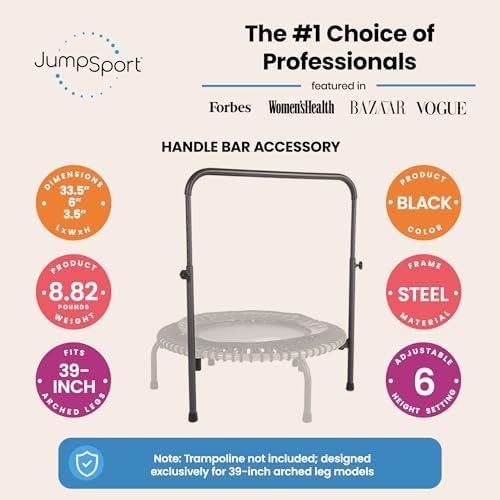 JumpSport Handle Bar Accessory for Arched Leg Fitness Trampolines, Bouncer, Rebounder Trampoline for Adults Indoor and Outdoor, Black