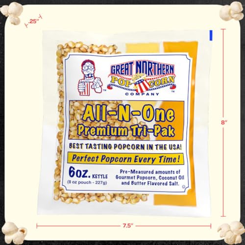 Movie Theater Style 40-Count Popcorn Packs - Pre-Measured 8-Ounce All-in-One Kernel, Salt, Oil Packets for Popping Machines by Great Northern Popcorn | All-in-One Pre-Measured Kernels, Butter Flavored Salt, and Coconut Oil Packets for 8oz Kettle - Movie…