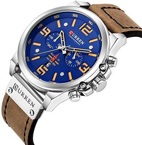 FANMIS Mens Classic Analog Quartz Chronograph Sandwich Dial Leather Watch