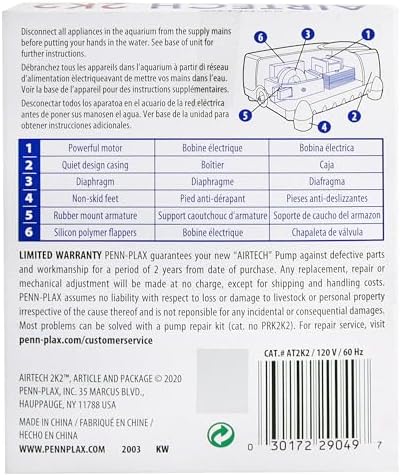 Penn-Plax Air-Tech Aquarium Air Pump | Quiet and Reliable | for Fish Tanks Up to 20 Gallons (AT2K2)