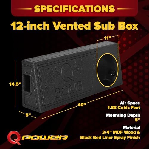 Q Power QBomb Single 12 Inch Vented Subwoofer Sub Box with Black Bedliner Spray