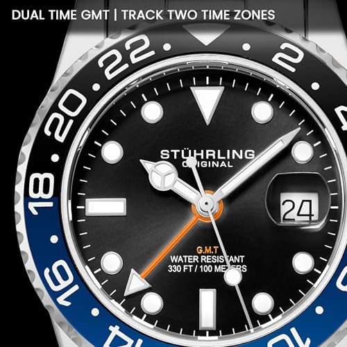 Stuhrling Original Men's Stainless Steel GMT Watch Quartz - 42mm Quartz Analog Wrist Watch for Men, Mens Quartz Watch, Stainless Steel Case