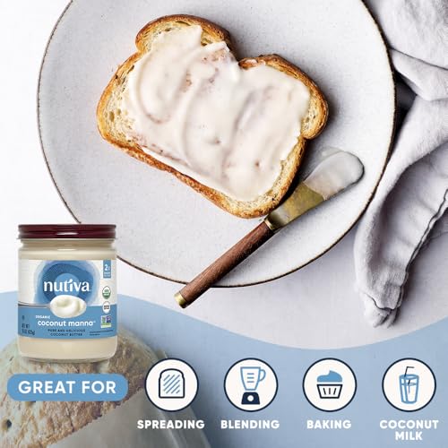 Nutiva Organic Coconut Manna Puréed Coconut Butter, 15 Oz, USDA Organic, Non-GMO, Vegan, Gluten-Free & Keto, Creamy Spread for Smoothies, Oatmeal