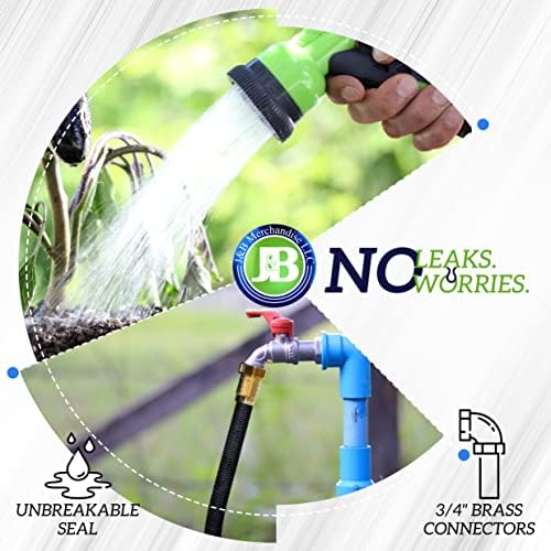 J&B XpandaHose 75ft Expandable Garden Hose, Lightweight, Brass Connectors | Ultra Strong 3750D fabric, 4-layer latex core, expands 3X, kink & leak-resistant, 10-pattern nozzle, storage bag