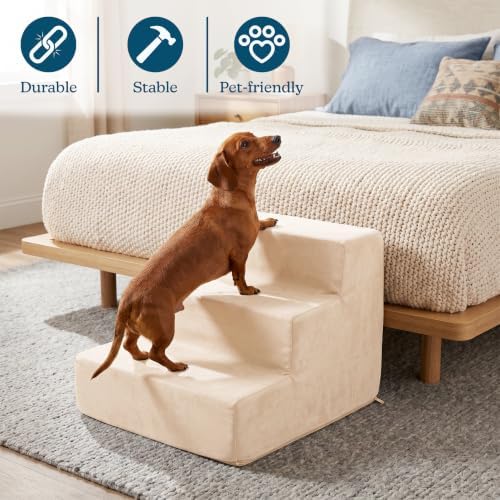 3-Step Pet Stairs - Nonslip Foam Dog and Cat Steps with Removable Zippered Microfiber Cover - 2-Tone Design for Home or Vehicle Use by PETMAKER (Tan) | 3-Step Pet Steps for High Bed and Couch - Pet Stairs with Nonslip Bottom, High-Density Foam, and Remov…