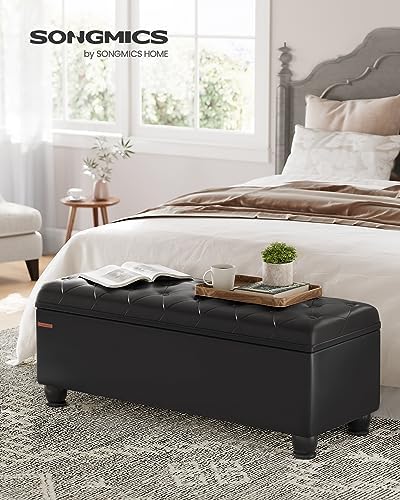 SONGMICS Storage Ottoman, 46.5 Inches Bedroom Bench, Solid Wood Legs