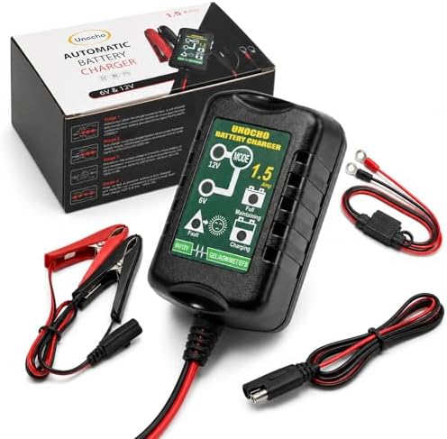 Unocho 6V/12V Battery Charger Maintainer 1.5A Automatic Trickle Charger Smart Float Charger for Car Motorcycle Lawn Mower Boat ATV Snowmobile