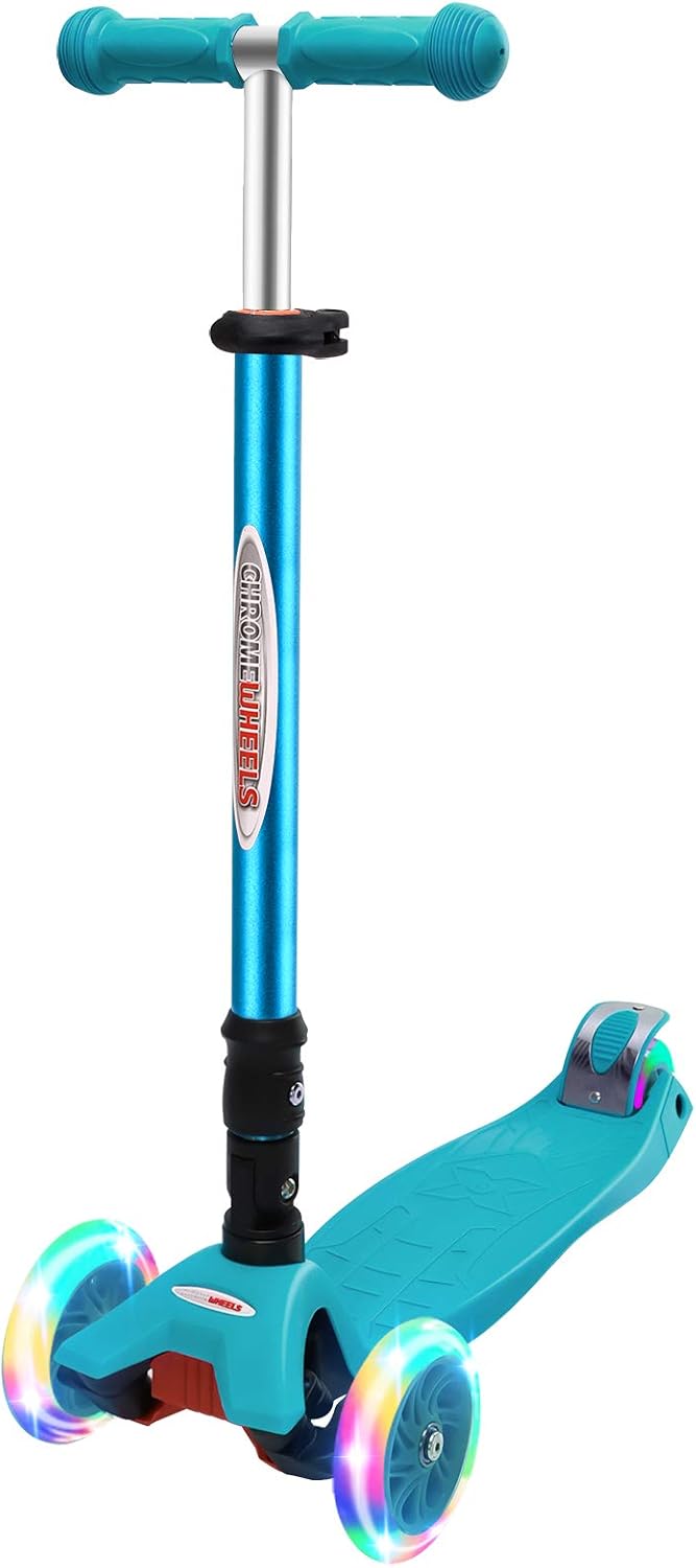 ChromeWheels Foldable Scooters for Kids, Deluxe Kick Scooter 4 Adjustable Height 132lbs Weight Limit 3 Wheel, Lean to Steer LED Light Up Wheels