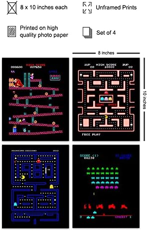 Classic Arcade Games Wall Art Prints - Arcade Decor - 8x10 Set for Man Cave, Den, Family Room, Bar, Bedroom - Gift for Gamers, Video Game, Pacman
