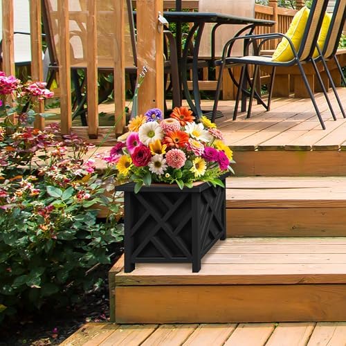 Lattice Design Outdoor Planter Box - 14.75” Square 13” Tall Black Plant Pot - Decorative Plant Pots for Front Porch Decor - Flower Pots Outdoor