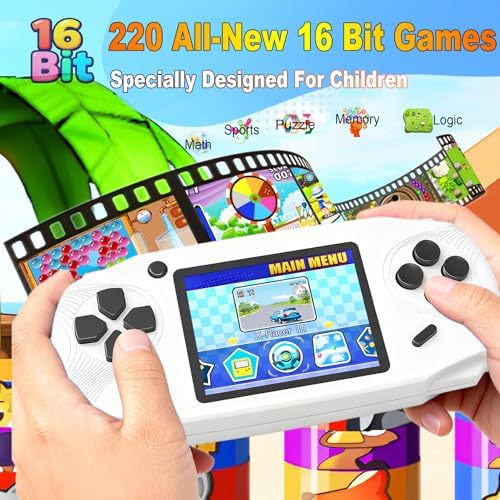 16 Bit Handheld Games for Kids Preloaded 220 Retro Video Games, Blue | 3.0" HD Screen, Rich Gameplay,USB-C Rechargeable, 6+Hrs Play, Portable Travel Toy for Car Flights,Boys Girls Birthdays Gift