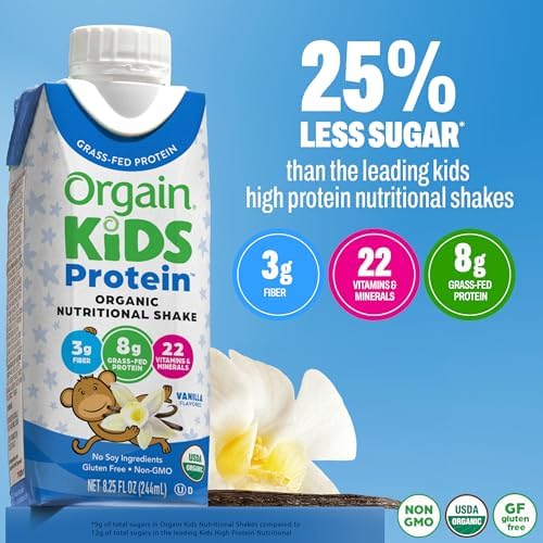 Orgain Organic Kids Dairy 8g Protein Shake, Chocolate, 8.25 oz, 4pk | Nutritional drink, grass-fed protein, 22 vitamins & minerals, 3g fiber, non-GMO, no soy, healthy snack for picky eaters