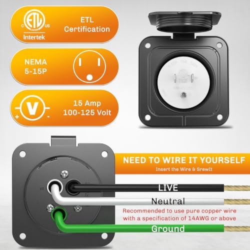 WELLUCK 15 Amp Flanged Inlet 125V, NEMA 5-15 RV Shore Power Inlet Plug w/Waterproof and Back Cover, 2 Pole 3-Wire AC Port Plug
