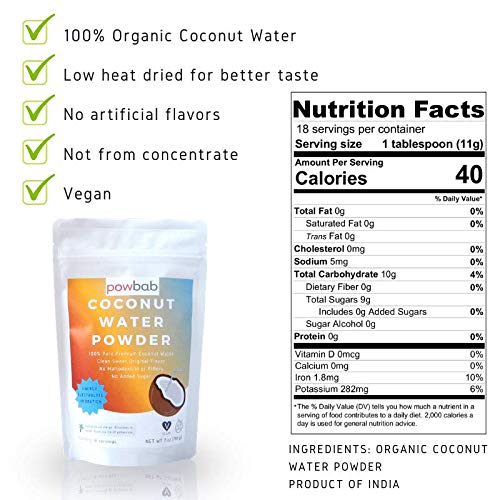 powbab Coconut Water Powder From 100% Organic Coconut. No Sugar Added. Pure Delicate, Clean Taste. Dehydrated, Not Freeze Dried, Raw