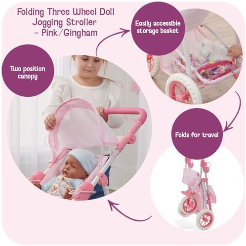 Badger Basket Foldable Jogging Style Doll Stroller - Adjustable Handle, Canopy, Straps & Basket - Fits 18-22" Dolls