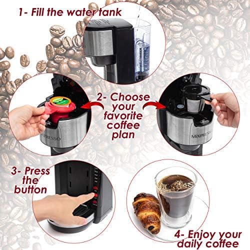 Mixpresso Black Single Serve Coffee Brewer K-Cup Pods Compatible & Ground, 30 oz Compact Coffee Maker Single Serve With 5 Brew Sizes Up To 14 Oz