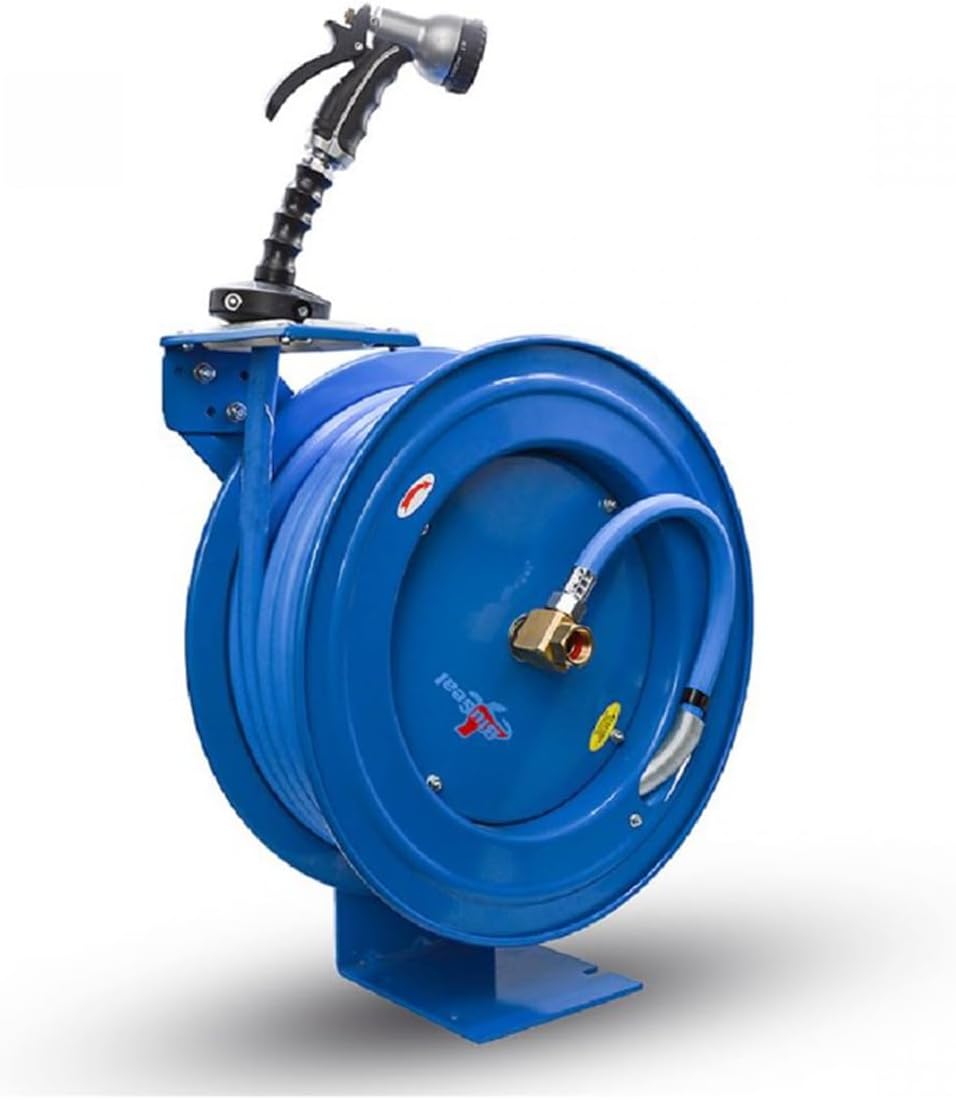 BLUSEAL BSWR5850 Retractable Hose Reel with 5/8" x 50' Hot Water Rubber Hose, 6' Lead-in, 500 PSI, Brass Fittings, Swivel Mount Hose Reel