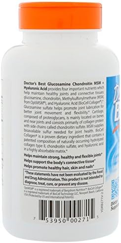 Doctor's Best Glucosamine Chondroitin MSM + Hyaluronic Acid with OptiMSM Featuring Biocell Collagen, Joint Support, Non-GMO, Gluten & Soy Free